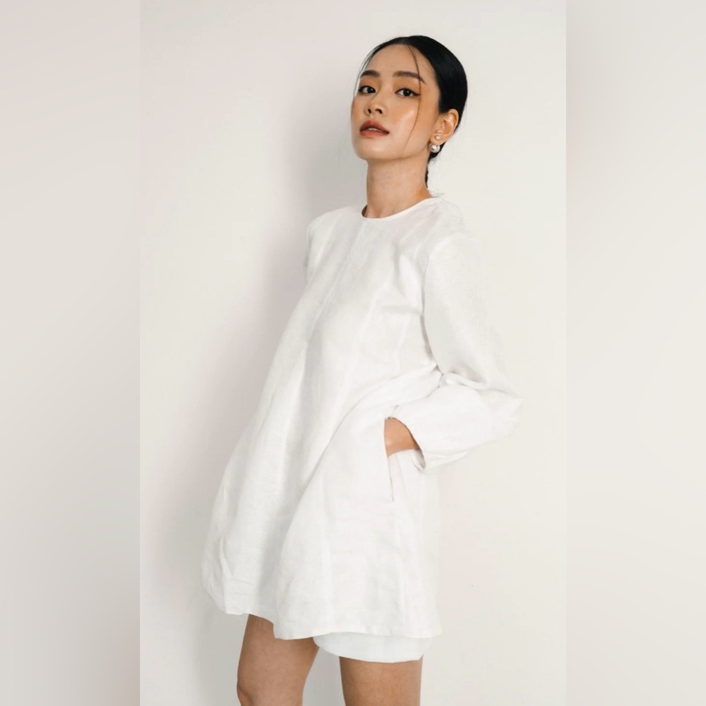 THYATELIER-US BONNIE SHIRT White 100% Linen Pockets Long Sleeve Loose Fit Flowy